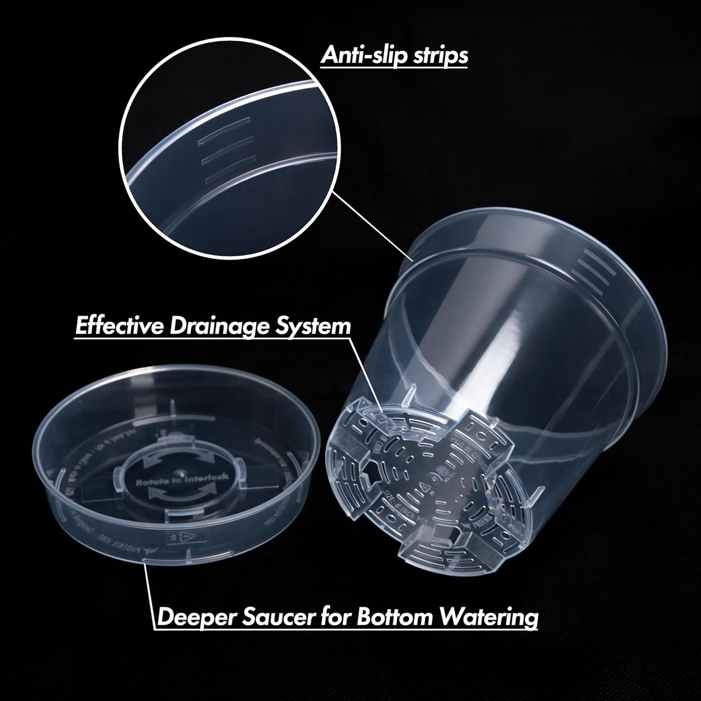 6 Inch Clear Plastic Plant Pot with Drainage Holes, Interlocking & Detachable Tray - Deep Saucer - Durable BPA-Free Plastic, Transparent Design, Raised Base for Airflow, Set of 12, 92-X-B-5