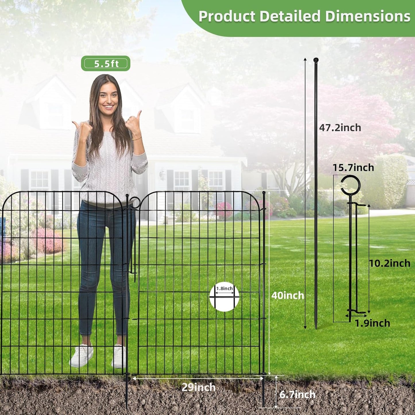 10 Panels Decorative Outdoor Garden Fence with Gate, 40 in(H) X 23.6 ft(L) Rustproof Metal Wire Panel Border for Yard, No Dig Temporary Tall Fence with Ground Stakes, Animal Barrier for Dog