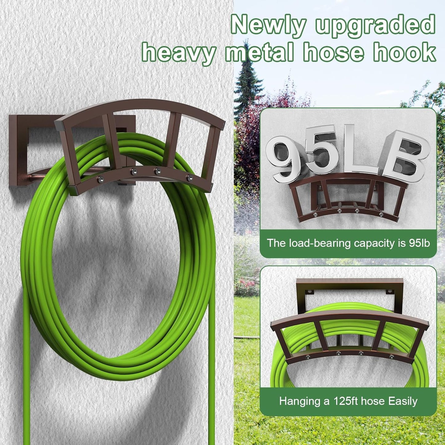 Garden Hose Holder Wall Mounted, Outdoor Heavy Duty Metal Water Hose Holder Hanger Holds 125-ft Water Pipe, Sturdy Detachable Hose Storage Organizer Reel Rack for Outside Garden Lawn Yard Farm, Bronze