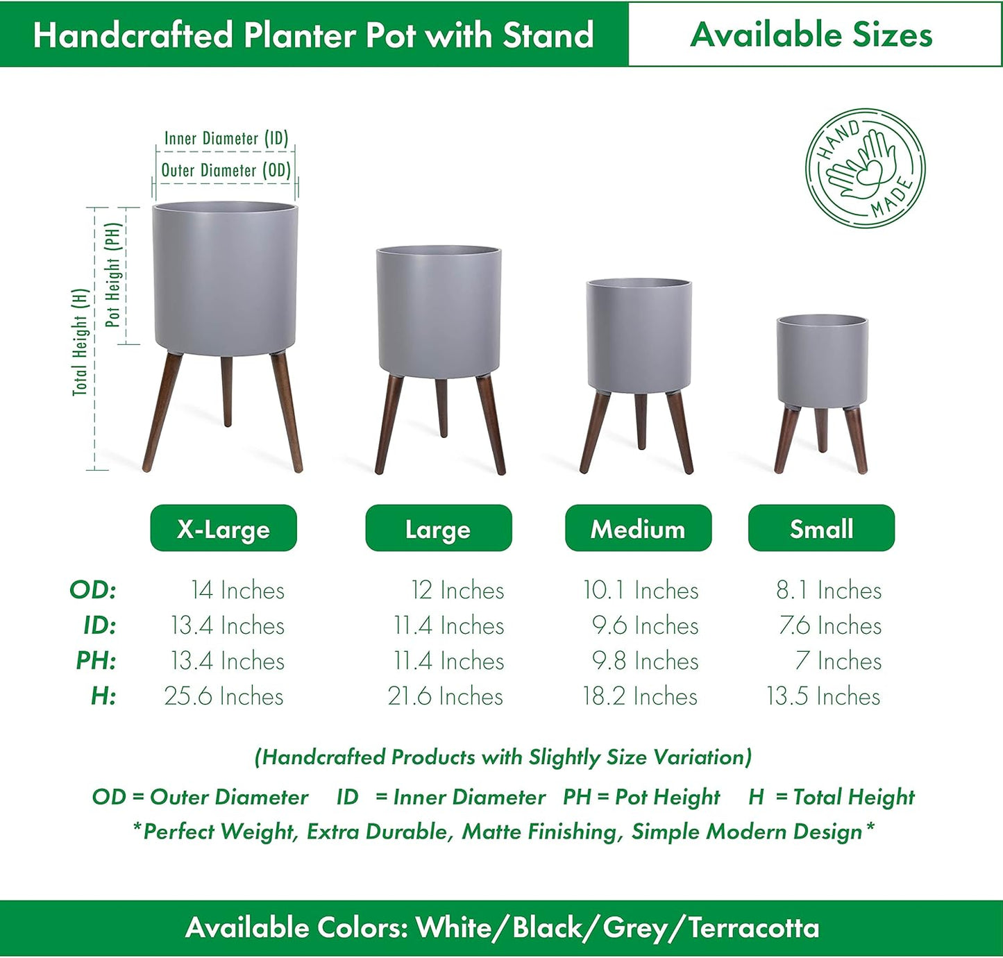 D'vine Dev 12 Inch Planter Pot with Stand, Mid-Century Tall Plant Pot with Legs for Indoor Plants, Large, Grey, 88-O-C-3