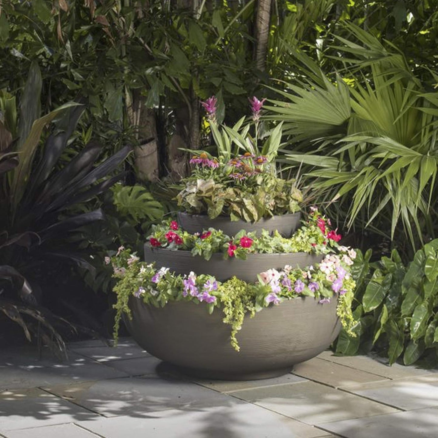 Crescent Garden Orinoco Planter Bowl – Double-Walled Resin Pot for Succulents, Flowers Without Drain Hole - 21" W x 8.25" H (Weathered Concrete)