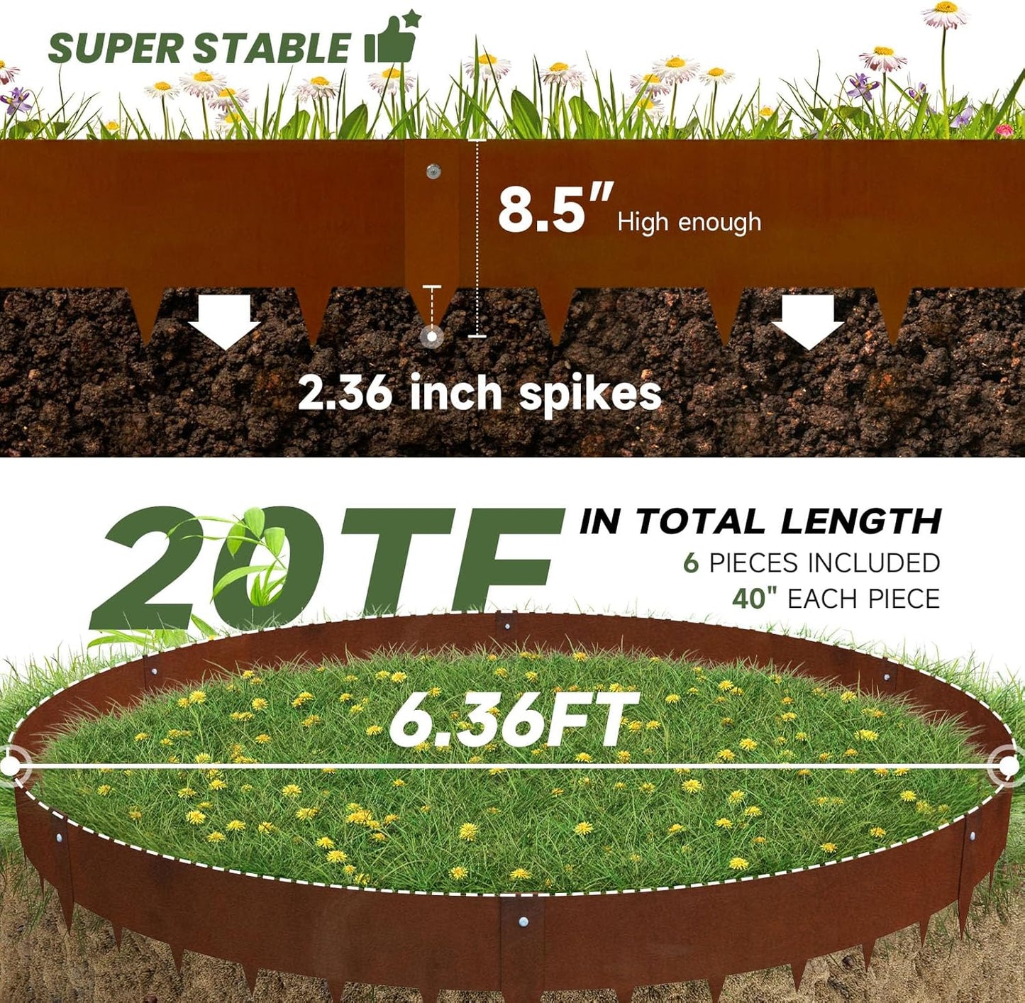 Corten Steel Landscape-40 LX 8" H Metal Garden Edging 20FT Total Rusted Lawn Edging 6 Pcs-No-Dig Hammer Heavy Duty Steel Edging-Bendable Border Strips for Lawn Yard Courtyard Pathway-6 Clips