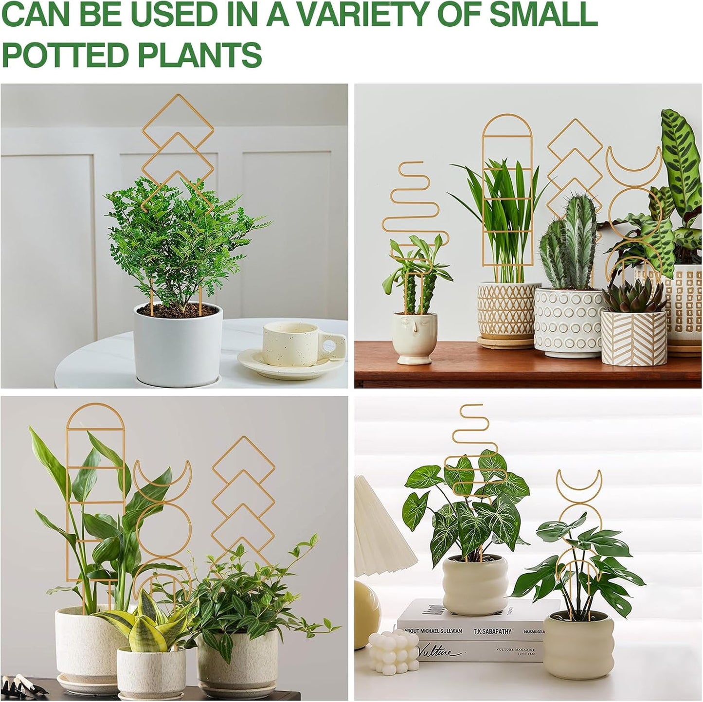 Indoor Plant Trellis for Potted Plants, 16inch Gold Small Trellis for Climbing Plants Outdoor Garden Metal Trellis with Different Patterns for Vine Ivy Flower Plant Support 4 Pack