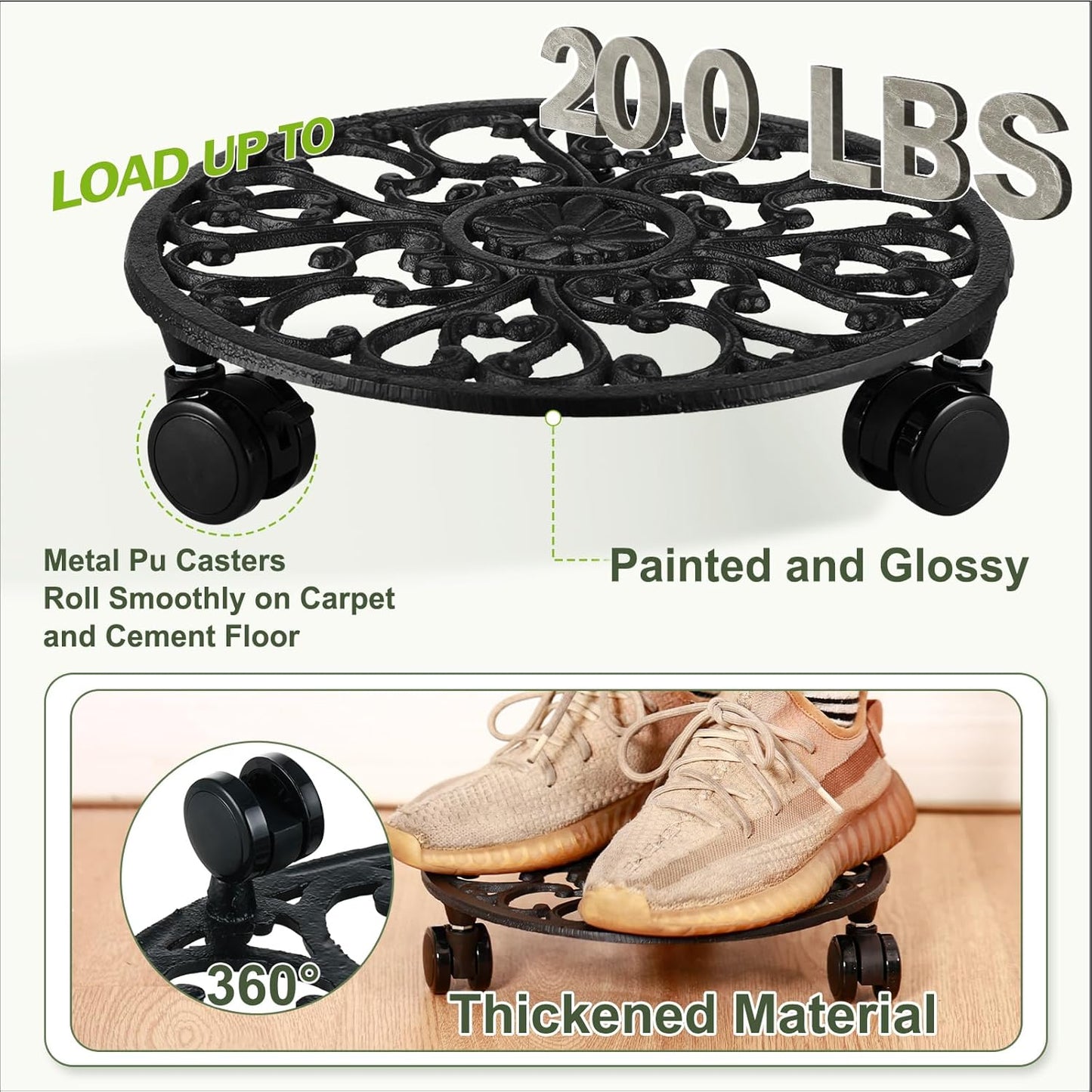 2 Packs 11 Inch Rolling Plant Stand with Wheels Wrought Iron Rolling Plant Stand with Casters Heavy Duty for Indoor Plants Rollers with Plant Saucers, Metal Round Plant Dolly