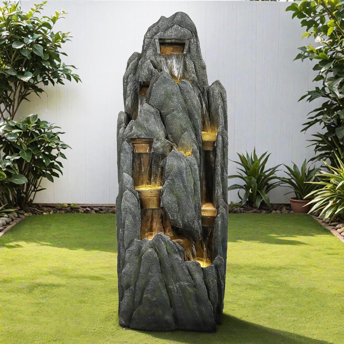 SunJet Outdoor Rockery Water Fountain with LED Lights - 51" Tall Resin Cascading Fountains and Waterfalls Feature for Patio, Yard, Garden Decor, Featuring Realistic Natural Stone Look