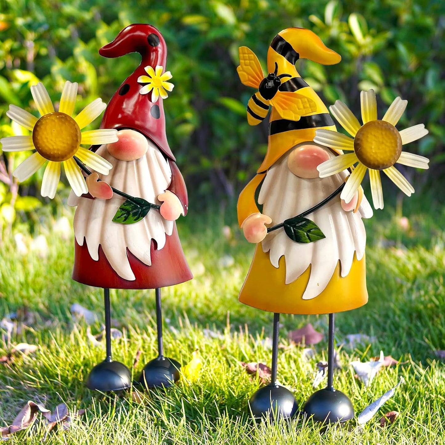 HONGLAND Gnome Metal Yard Art - Metal Gnome Statue -Gnome Outdoor Decorations - Bee and Ladybug Garden Statue- Christmas Holiday Lawn Patio Yard Garden Decor (Set of 2)