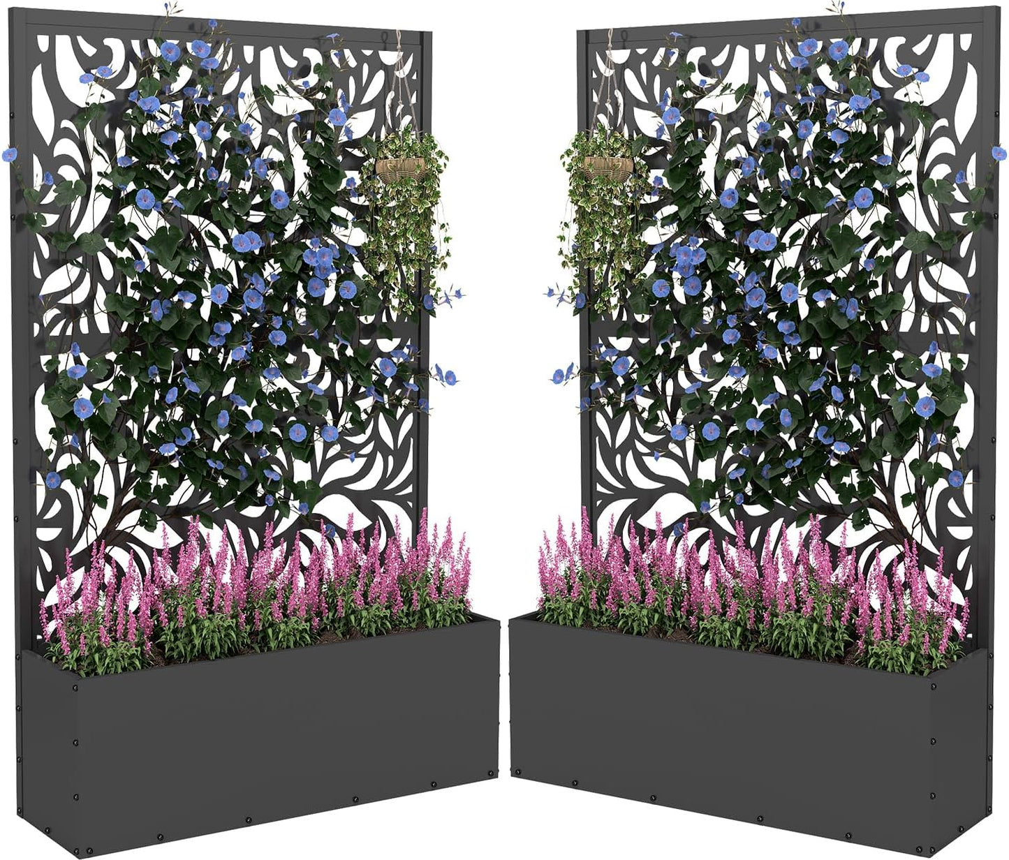 2PCS Metal Planter Box with Trellis,70.9"x47.2"x15.7" Raised Garden Bed with Drainage Holes, Privacy Planters for Outdoor Garden Bed for Climbing Plants,Vegetables,and Vines, Black-Flower