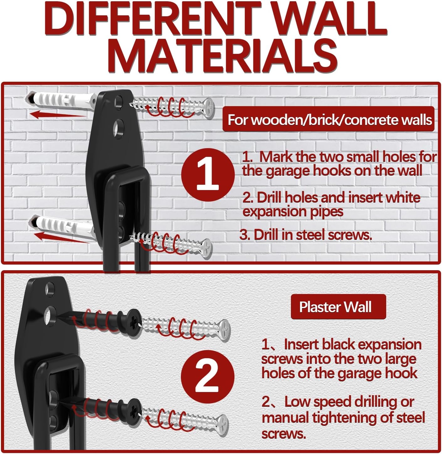 3-H Garden Hose Holder Wall Mount 2 Pack,Solid Steel Hose Hanger,Water Hose Holders for Outside,Perfect for Hanging Outdoor Air Hose,Ropes,Pipes,Garden Tools,Ladders,Bikes,Bulk Items(Red)
