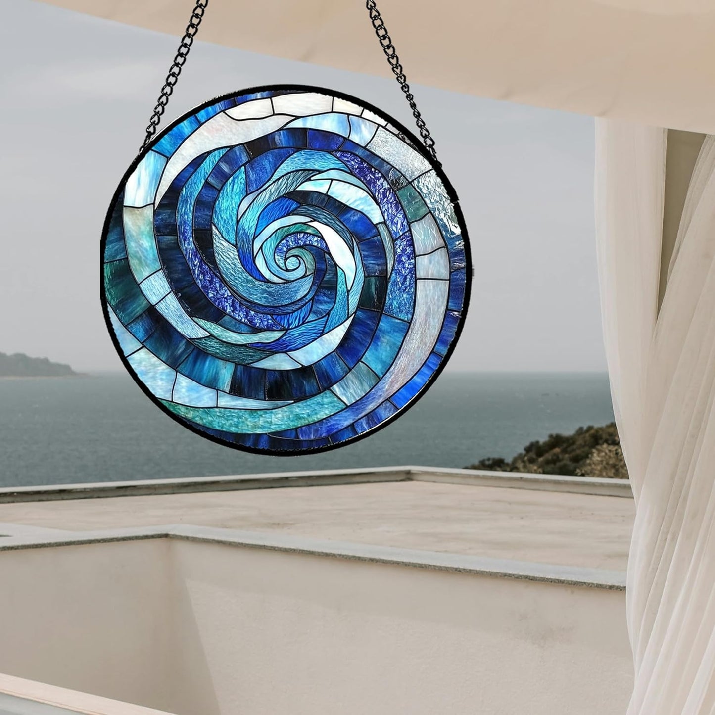 Stained Glass Window Hanging - Blue Abstract Swirl Suncatcher for Doors Garden Patio Unique Sun Catchers Decor Christmas Mother's Day Birthday Gifts for Women Men Mom Nana Friend 6.3 in