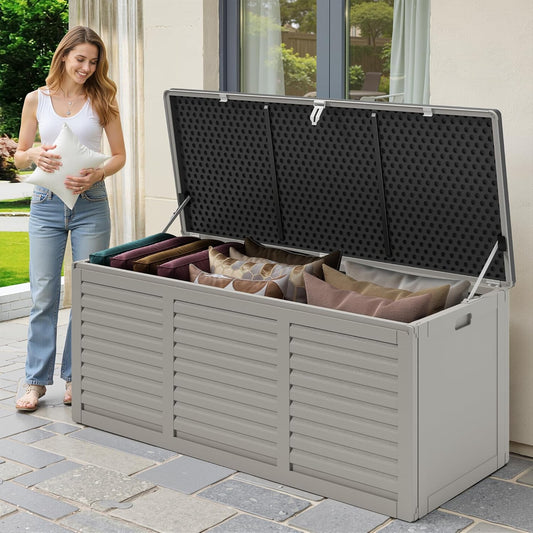 130 Gallon Outdoor Deck Box, Waterproof Resin Box with Lockable Lid, UV-Resistant for Cushions, Garden Tools & Pool Accessories (GRAY), Patio Furniture
