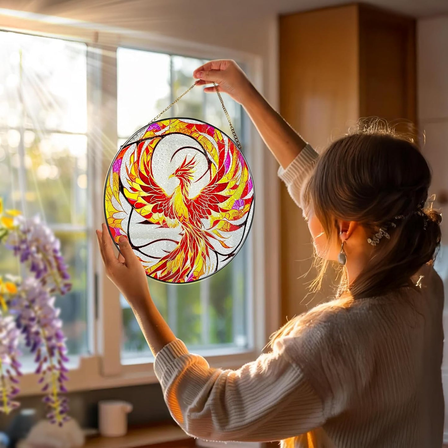 Stained Glass Window Hanging, Stained Glass Suncatcher, Phoenix Sun Catcher, Window Decor, Phoenix Gift, Gifts for Mothers Day, Christmas or Birthday Gift, Gifts for Her Mom Grandmother Daughter