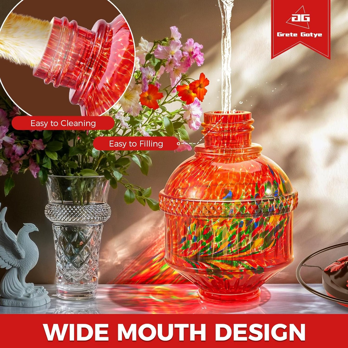 Blown Glass Hummingbird Feeders for Outdoors, 25 Ounces Wild Bird Nectar Feeder with Perch & 5 Flower Feeding Ports Leak Proof Hanging for Garden Backyard Decor, Gifts for Women Mom, Red