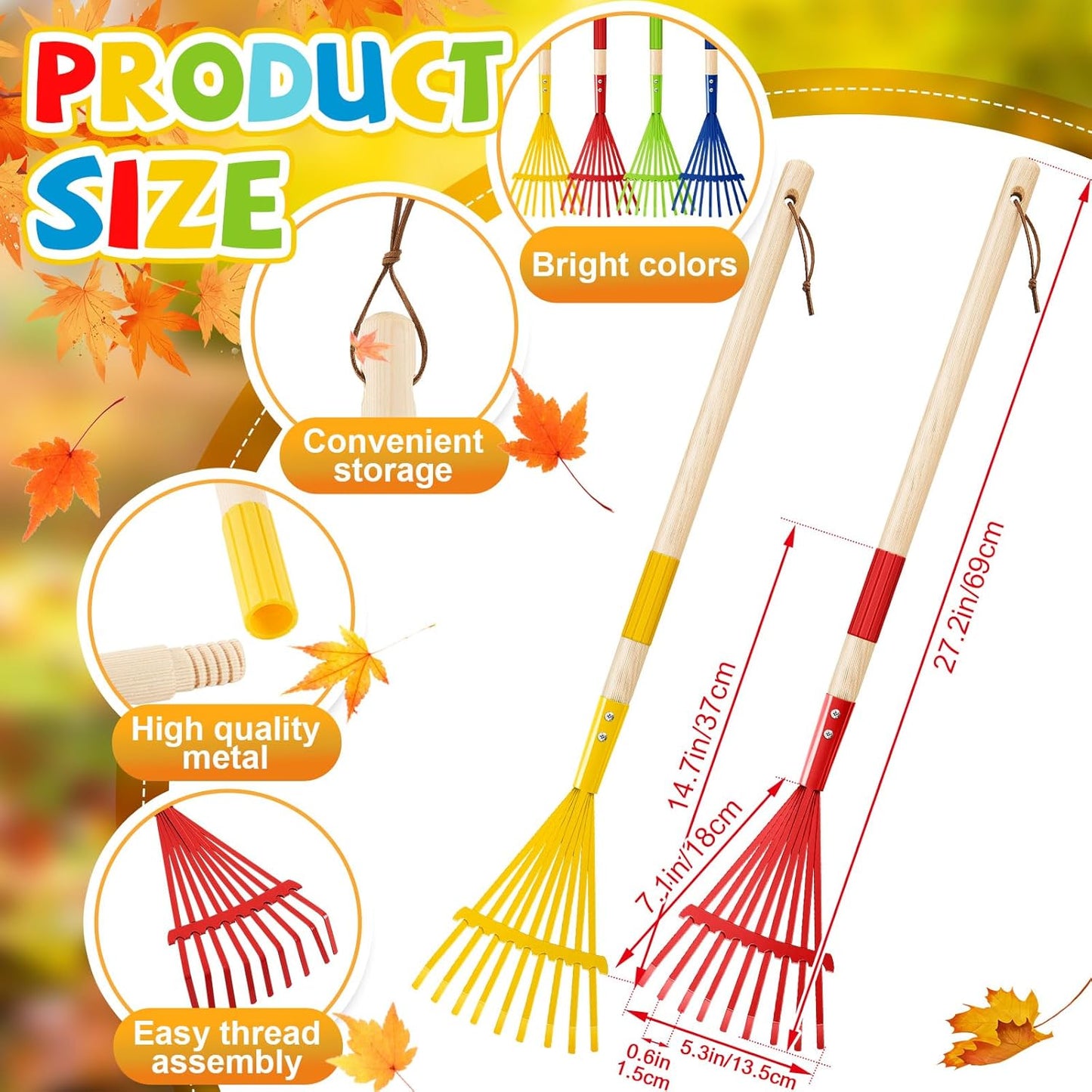 Suclain 4 Pcs Mini Rakes with Hardwood Handle Small Rake for Gardening Yard Tools Multicolor 28'' Mini Rake for Leaves Lightweight for Garden Leaf Tools