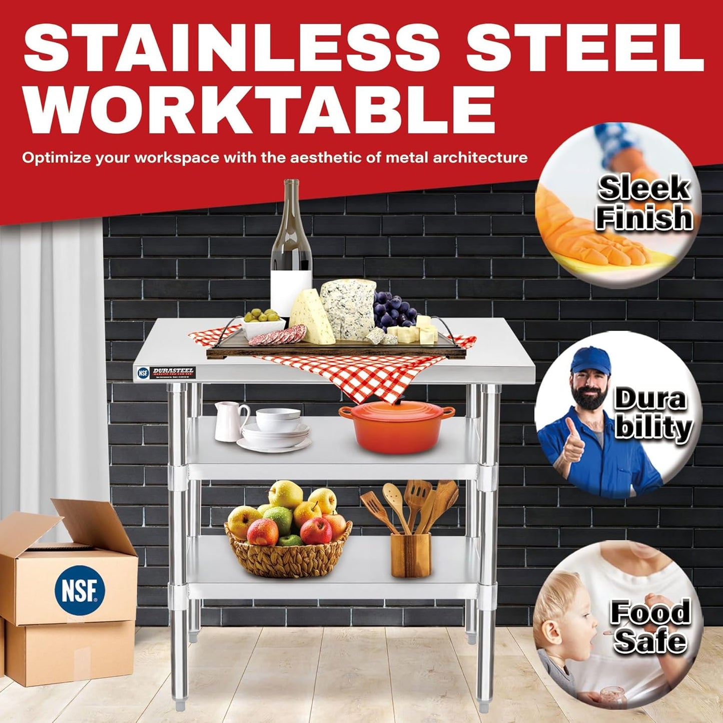 DuraSteel Food Prep Stainless Steel Table - 30 x 36 Inch Commercial Metal Workbench with Adjustable Under Shelf - NSF Certified - for Restaurant, Warehouse, Home, Kitchen, Garage