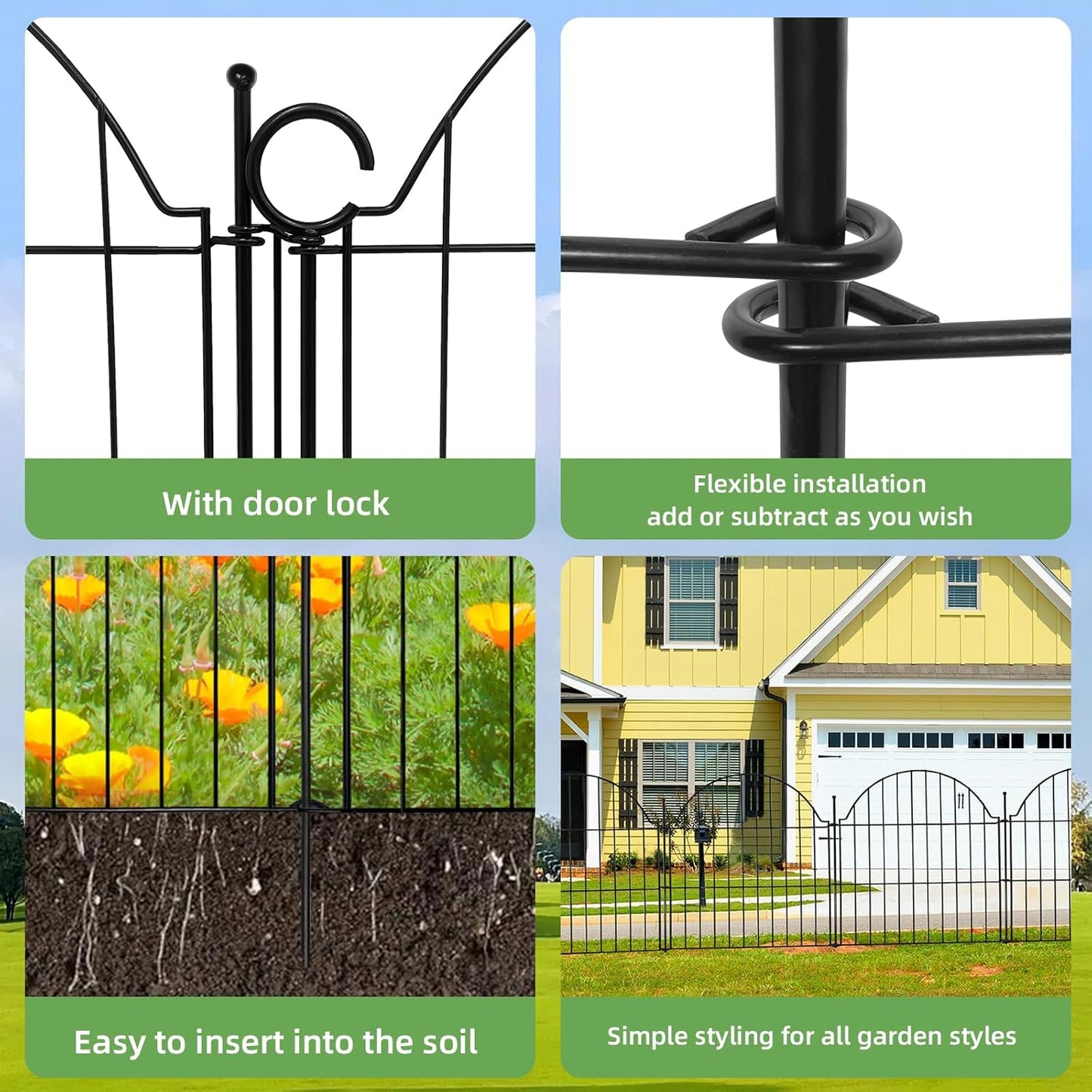Decorative Metal Garden Fence with Gate Lock 10 Panels, 24in (H) x 20ft (L) No Dig Dog Fence Outdoor for Yard, Temporary Rustproof Metal Wire Rabbit Dog Garden Border Fencing for Patio