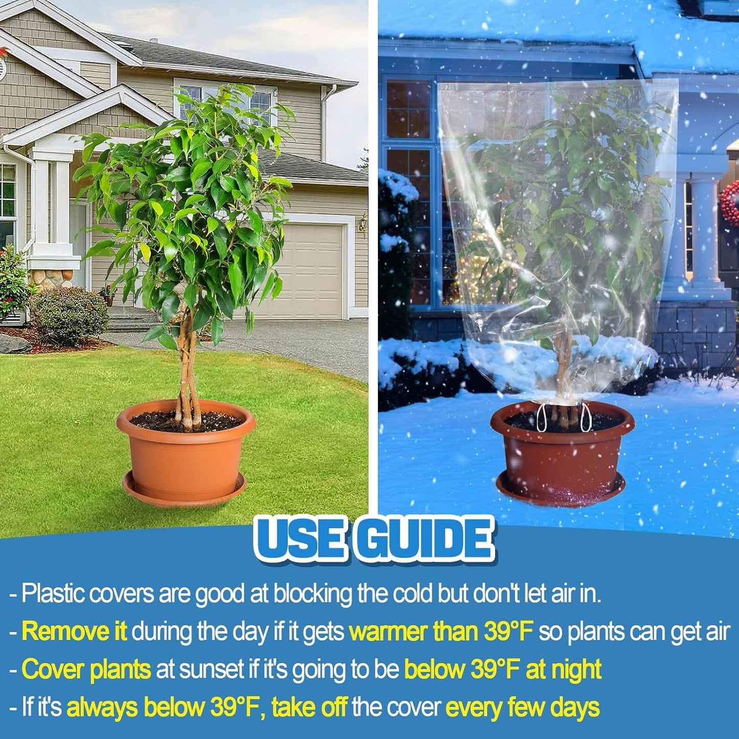 ANPHSIN 6 Pcs Winter Plant Cover Freeze Protection - 23.6" x 31.5" Plastic Plant Frost Bags with Drawstring, Transparent Waterproof Plant Shelter Coverings for Outdoors Garden Potted Plants