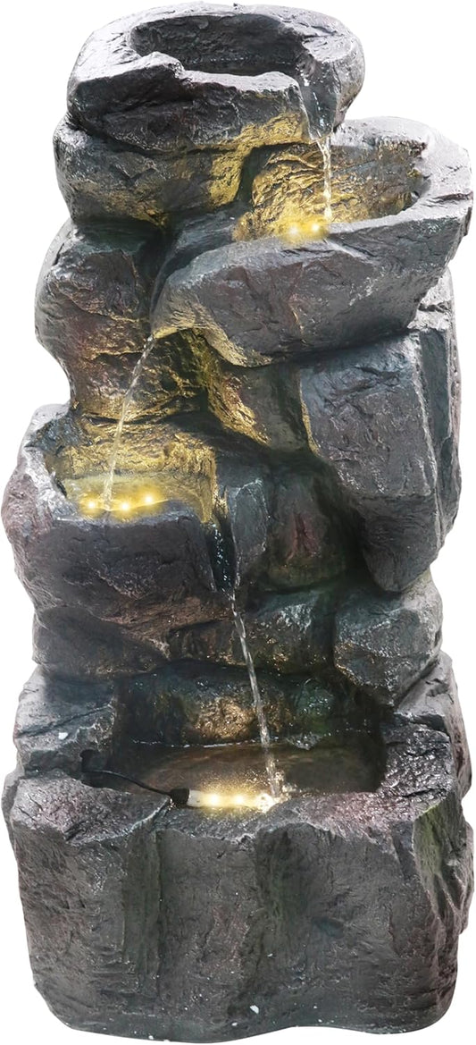 4-Tiers Cascading Rock Outdoor Water Fountain with LED Light, Standing Cascading Water Feature Faux Stacked Stones Waterfalls Decor for Garden Patio Yard and Lawn (Deep Grey)