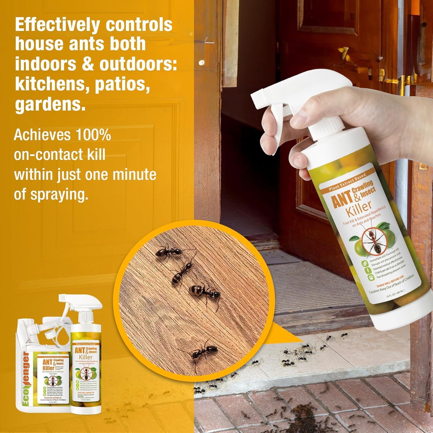 EcoVenger Ant Killer & Crawling Insect Killer (Citrus Scent) 64 oz, Kills Fast in Minutes, Also Kills Spiders, Centipedes & More, Repels with Residual, Natural & Non-Toxic, Safe for Children & Pets