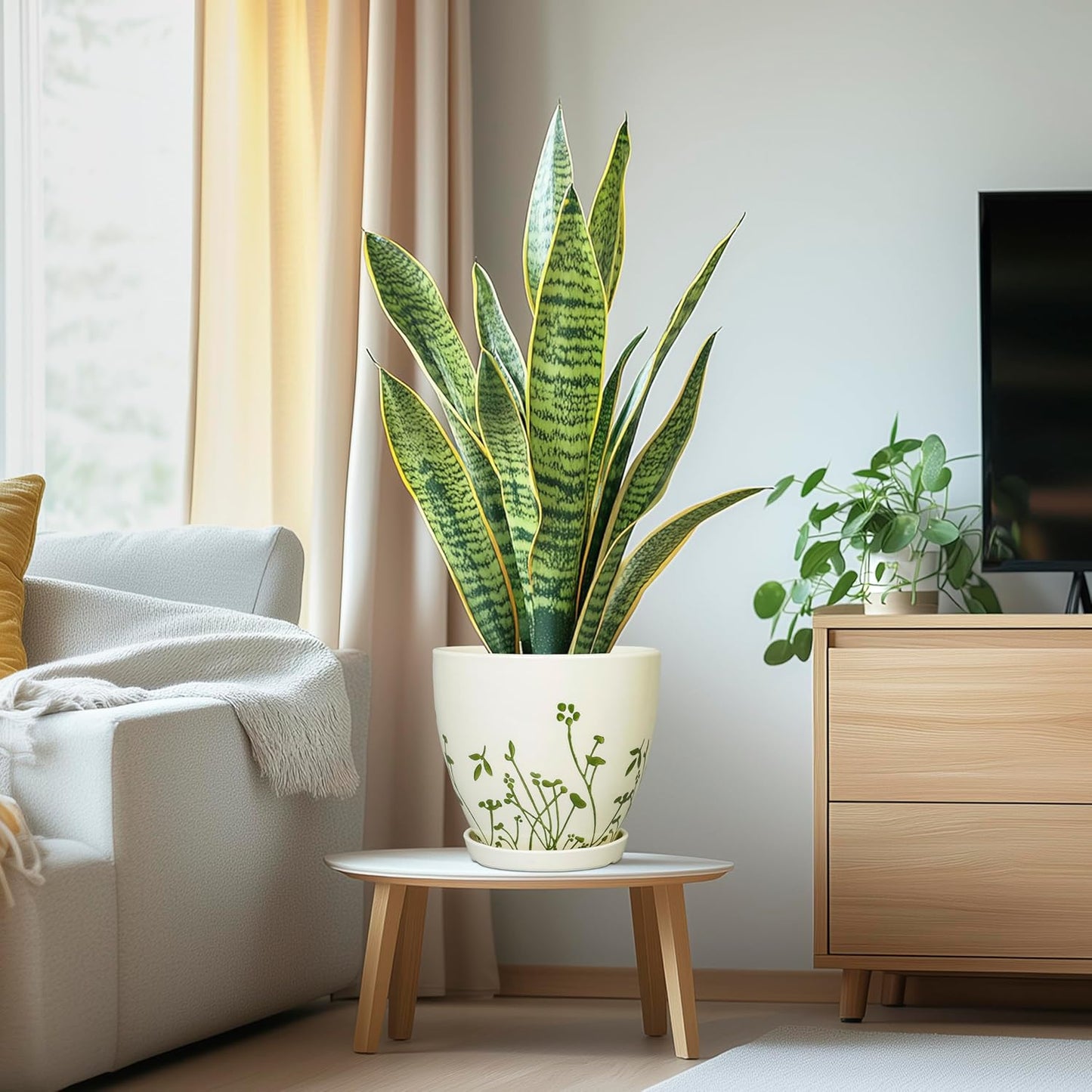 Indoor Plant Pot 8.2 Inch - Ceramic Planter with Drainage Hole and Saucer, Boho Round Decorative Flower Pot for Indoor Outdoor Flowers, Plant Lover Gifts, Office Home Garden Patio Decor, White