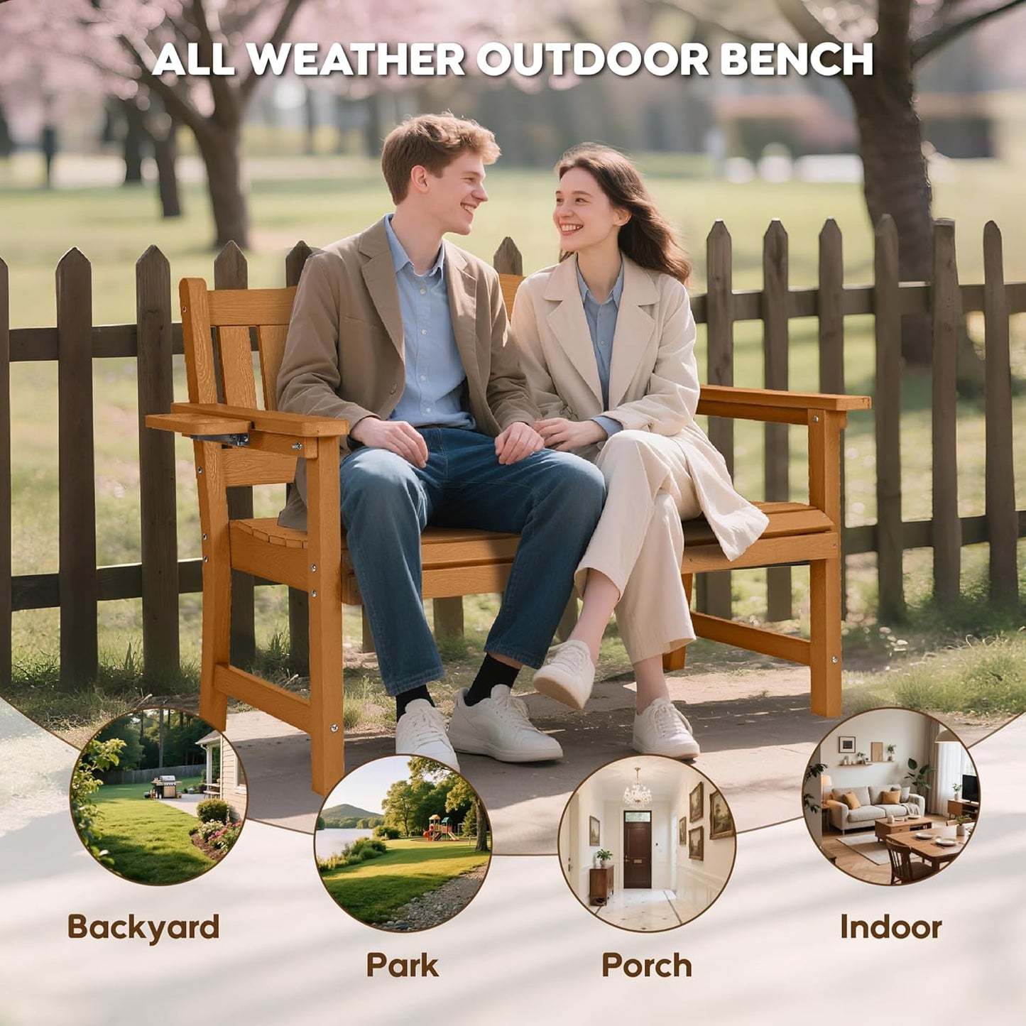 2-Person HIPS Outdoor Benches, Weatherproof Garden Bench with 800 lbs Weight Capacity, Artificial Wood Grains, Never Rot or Fade, Patio Benches for Garden, Porch, Balcony, Backyard,Park, Brown