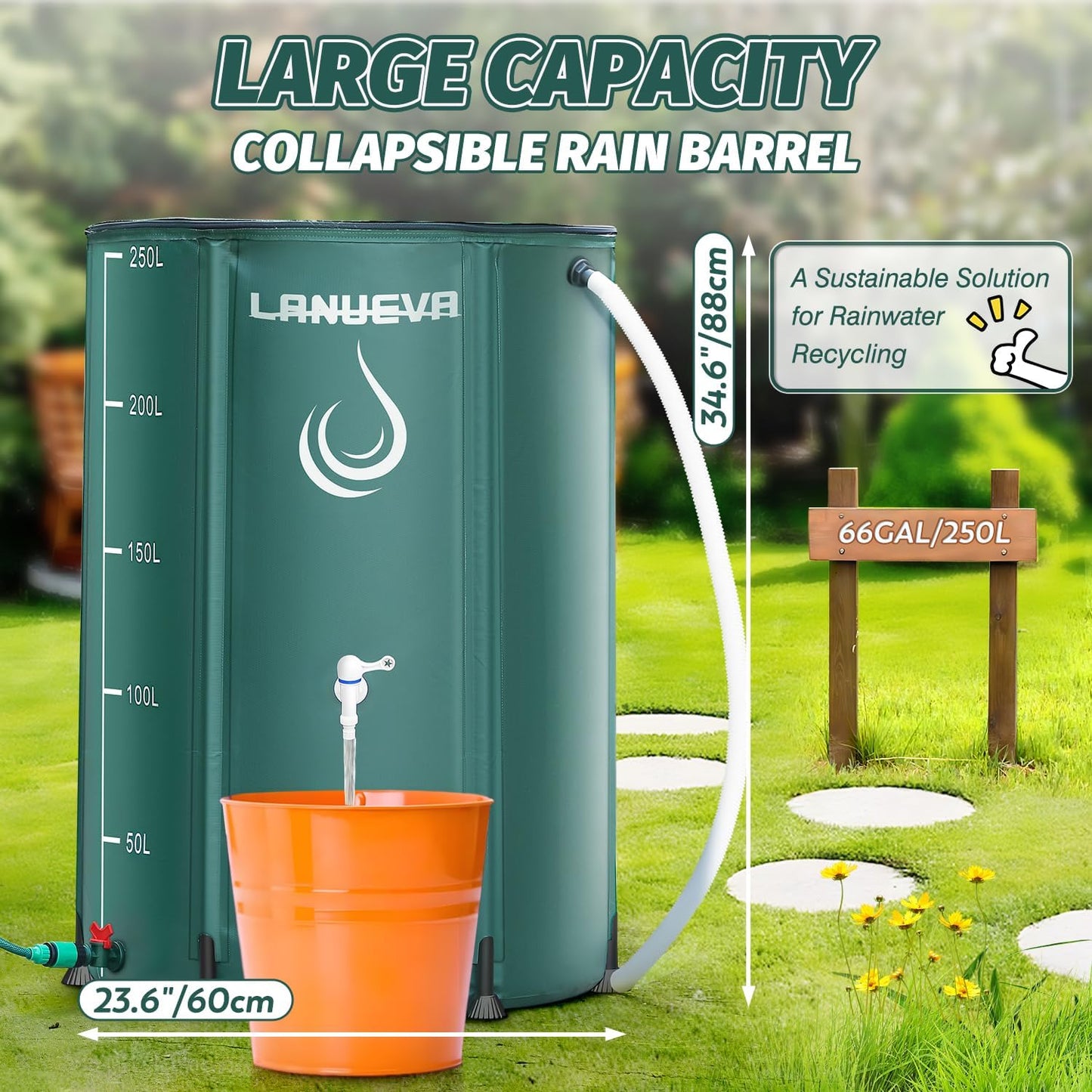 LANUEVA 66 Gallon Collapsible Rain Barrel, Rainwater Collection System with 2 Spigots, Overflow Kit and 2 Hoses, Portable Water Storage Tank with Scale Mark for Garden Plant Watering, Farm Irrigation