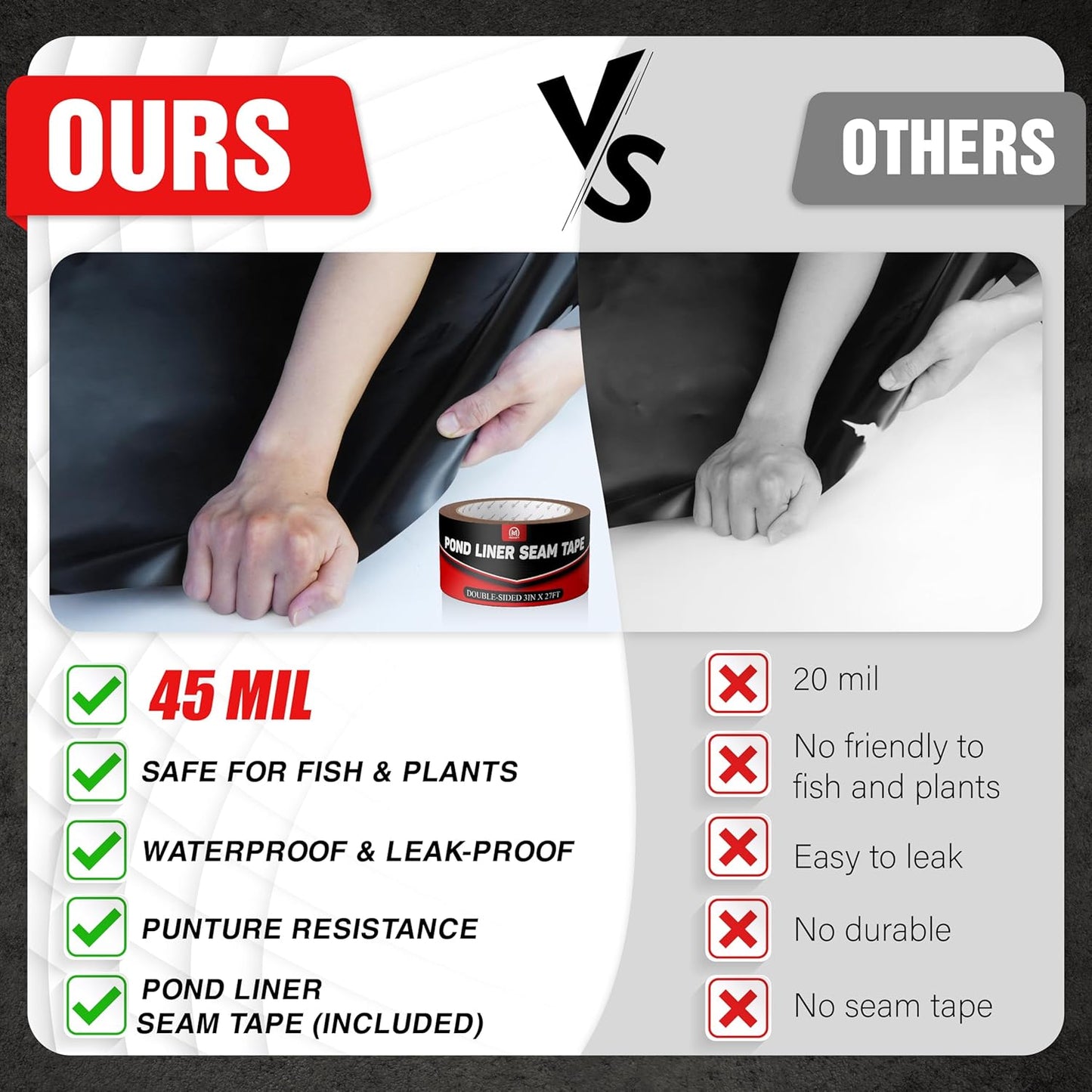 [Premium] 45 Mil LDPE Pond Liner with Seam Tape, 13.1 * 19.7FT Pond Lining for Fish Pond, Performed Garden Ponds, Large Pond Liner for Fishpond, Koi Pond, Waterfall, Streams