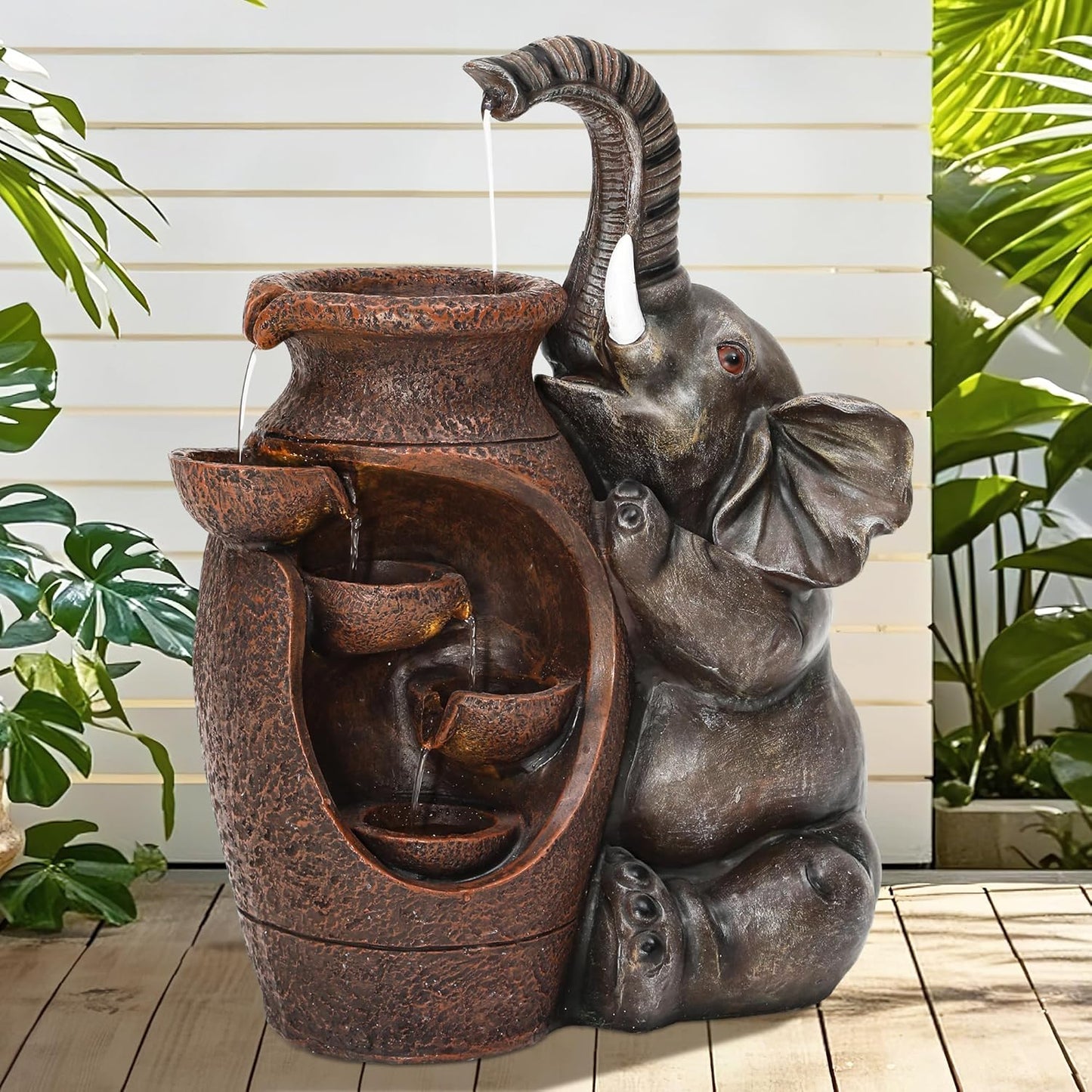 Elephant Outdoor Water Fountain with LED Lights and Pump, 18.9" Tall Resin Garden Waterfall Feature for Patio, Porch, Yard