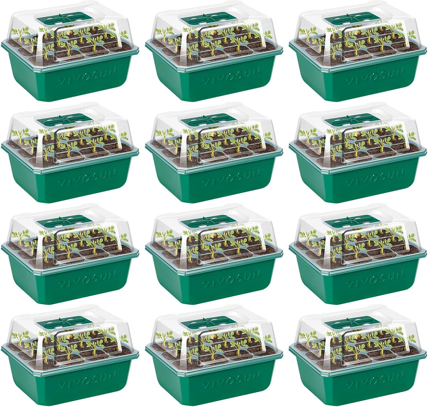 VIVOSUN 12-Pack Seed Starter Trays, 144-Cell Seed Starter Kit with Humidity Dome, Flat Reusable Plant Germination Trays with Drain Hole, Green Propagation Tray for Planting Seeds