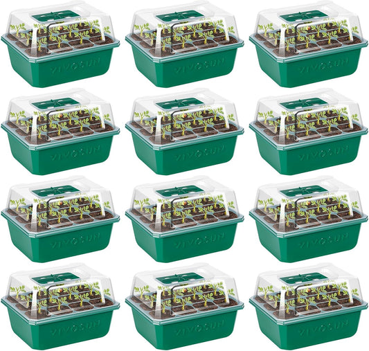VIVOSUN 12-Pack Seed Starter Trays, 144-Cell Seed Starter Kit with Humidity Dome, Flat Reusable Plant Germination Trays with Drain Hole, Green Propagation Tray for Planting Seeds