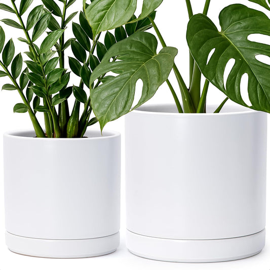D'vine Dev 8.2 Inch & 10 Inch Ceramic Planter Pot for Plants with Drainage Hole and Saucer, Large Plant Pots Set, White, 94-G-L-1