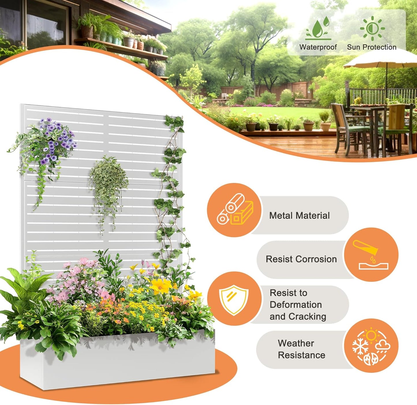 71"x47"x16" Metal Planter Box with Trellis Raised Garden Bed with Trellis, Trellis with Planter Box & Privacy Screen, Metal Planter Box for Climbing Plants, Vegetable, Vines(White, Louvered)