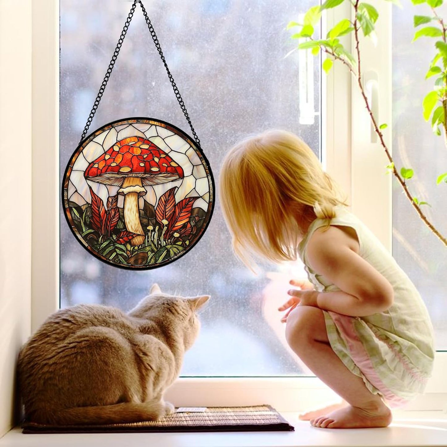 Stained Glass Window Hanging, Big Red Mushroom Suncatcher for Doors Home Sun Catchers Decoration and Christmas, Mother's Day Birthday Gifts for Women, Men, and Mom 9.8 in