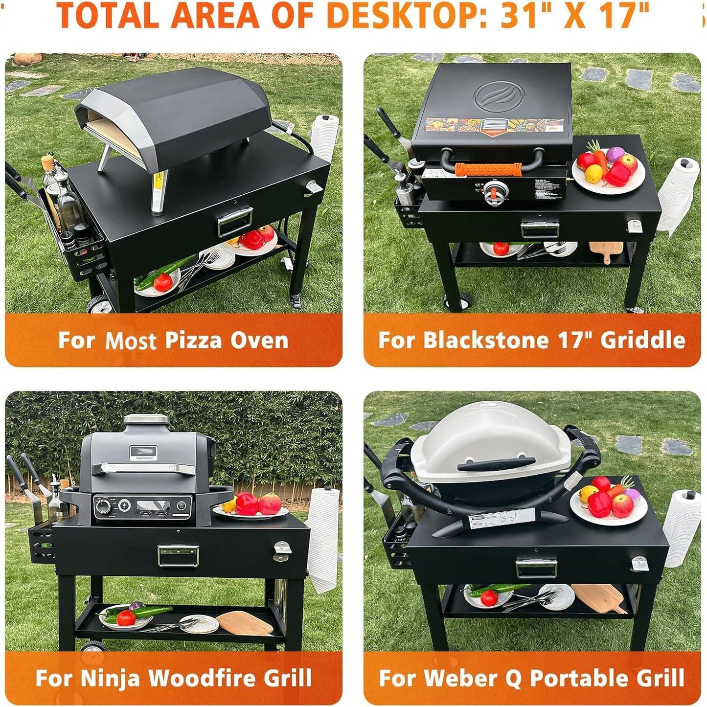 Foldable Grill Table Cart for Ninja Woodfire OG700, Blackstone Portable Griddle, Weber, Ooni Pizza Oven – Portable Outdoor BBQ Prep Stand with Caddy, Ideal for Camping and Tailgating