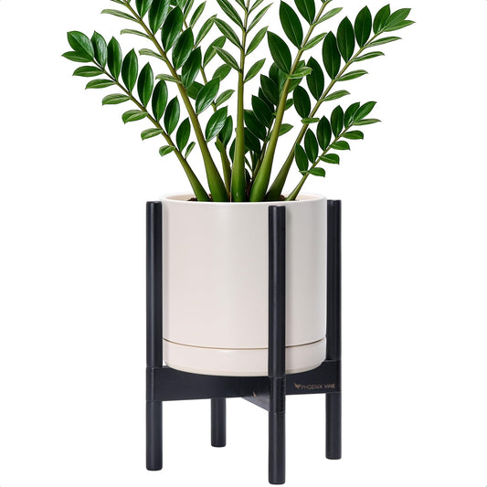 D'vine Dev Ceramic Planter with Ebony Stand - 10 Inch Modern Round Flower Pot with Wood Planter Holder, Oatmeal, 55-B-L-8