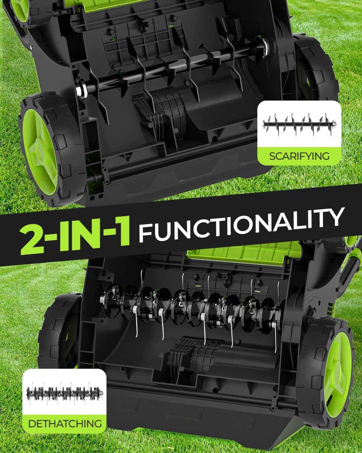 2-in-1 Electric Dethatcher and Scarifier, 13-Inch Raking & Scarifying, Turf Dethatcher & with 4-Position Height Adjustment, 14.5 gal Removable Thatch Bag for Lawn Health