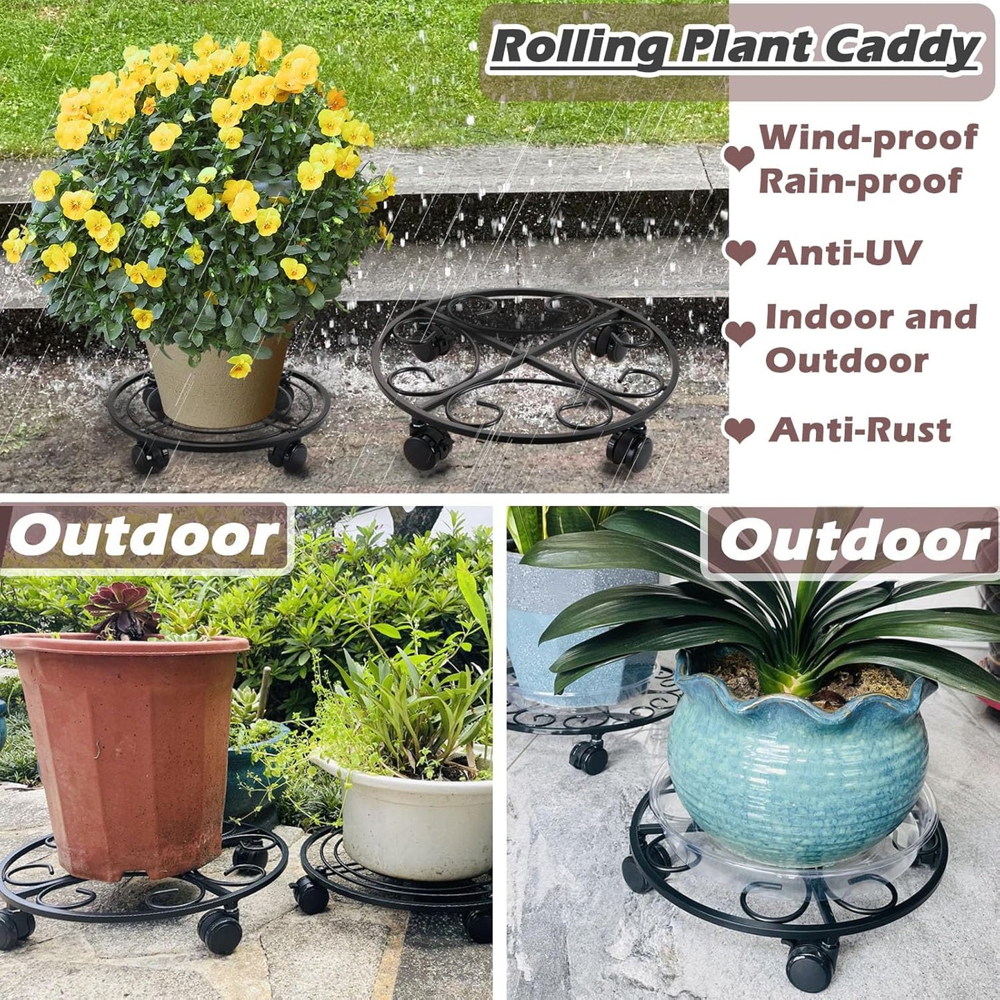 13.5" Metal Plant Caddy with Wheels 5 Packs Large Rolling Plant Stands Indoor Wheeled Plant Dolly Heavy-duty Planter Mover Roller Base Outdoor Plant Trolley Cart Water-proof, Plant Saucers on Wheels