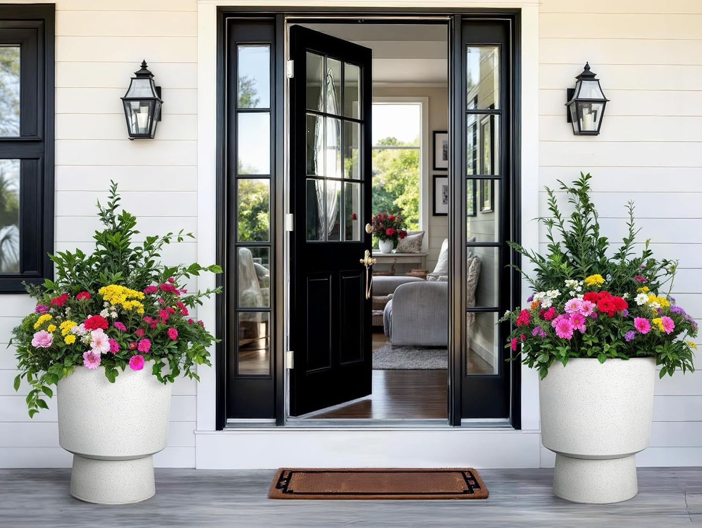 16.75"H Urn-Style Tall Planters, 2-Pack Modern Large Flower Pots for Outdoor Indoor, 2-in-1 Design Plant Containers for Garden Patio Yard Balcony Porch or Home Decor, White Terrazzo, UV-Protect