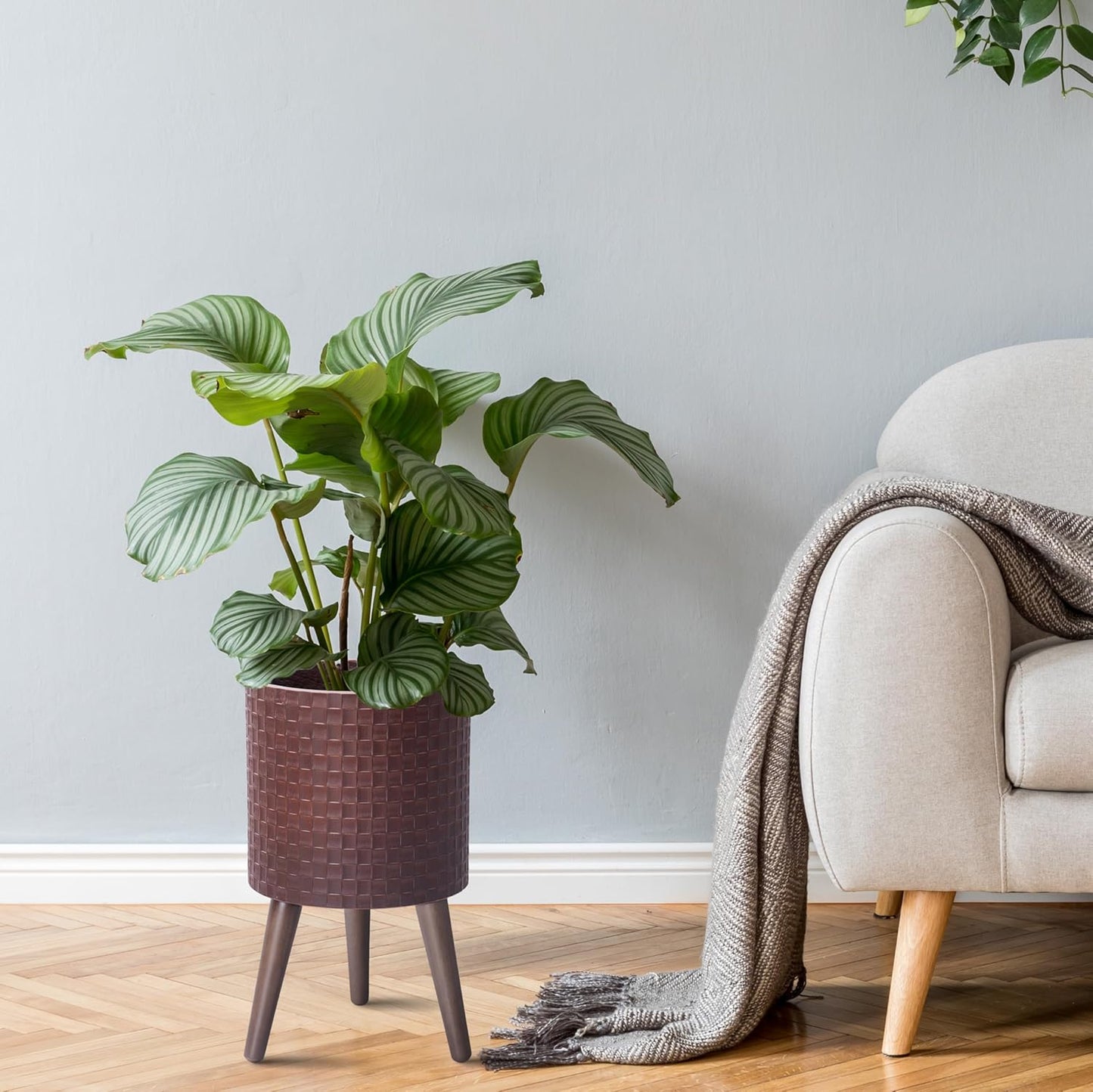 D'vine Dev 10 Inch Modern Geometric Tile Patterned Sleek Planter Pot with Stand, Indoor Outdoor Decorative Plant Holder, Espresso, 88-Z-B-6