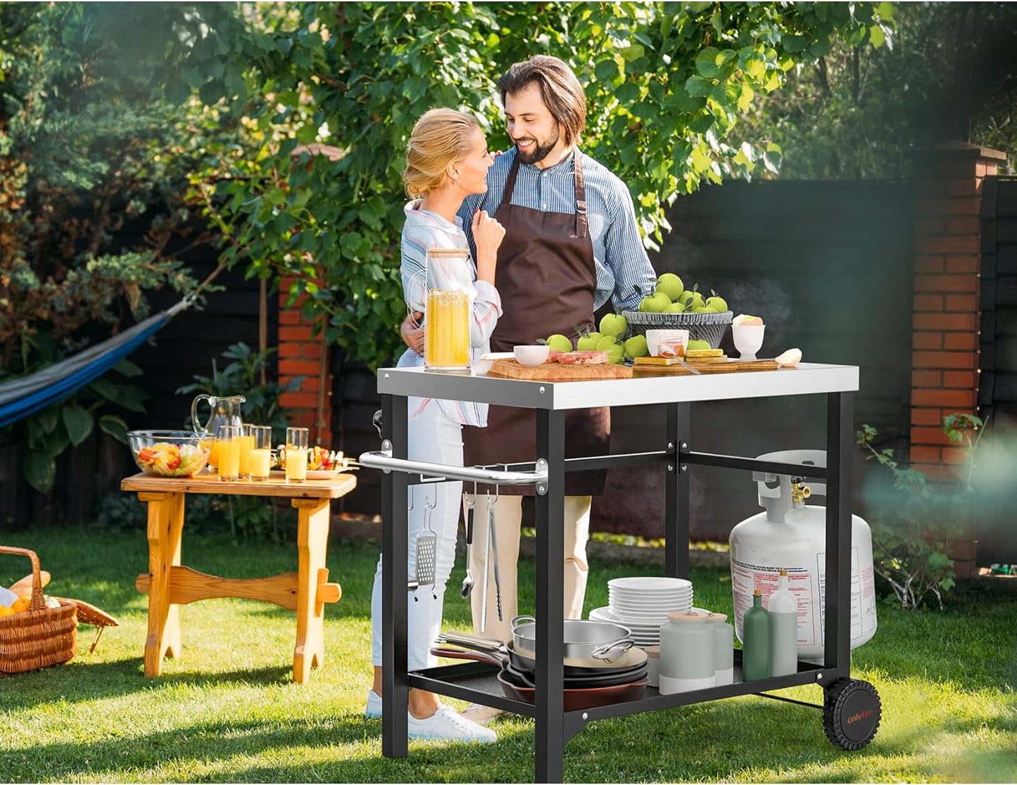 only fire Stainless Steel Movable Dining Cart Table, Pizza Oven Table, Multifunctional Utility Cart with Wheels for Outdoors, Kitchen or Backyard Patio