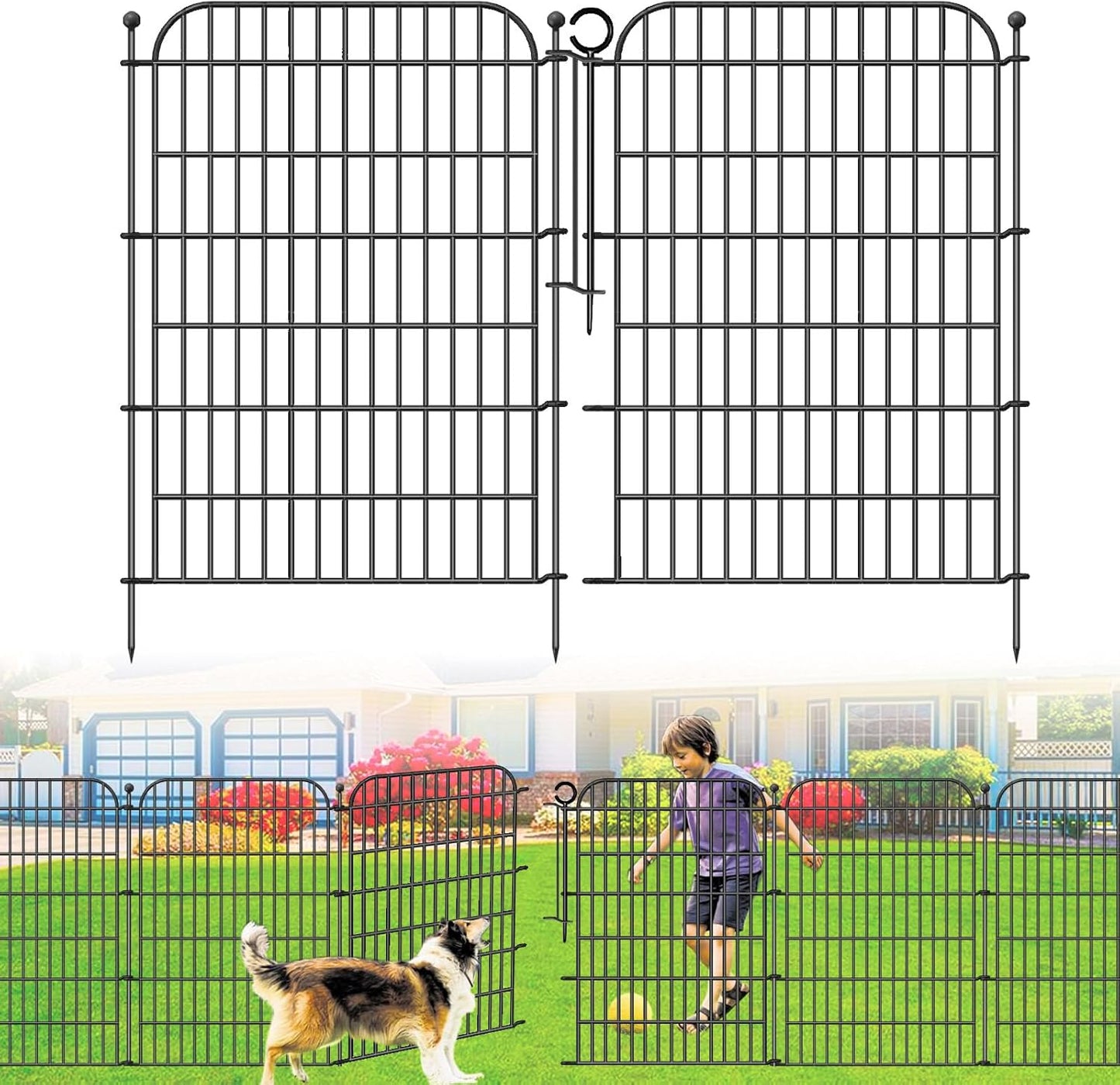 5 Panels No Dig Decorative Garden Fence with Gate for Yard, Total 11.8 ft(L) X 40 in(H) Animal Barrier Fencing for Dog, Patio Rustproof Metal Wire Panel Border, Temporary Tall Fence with Ground Stakes