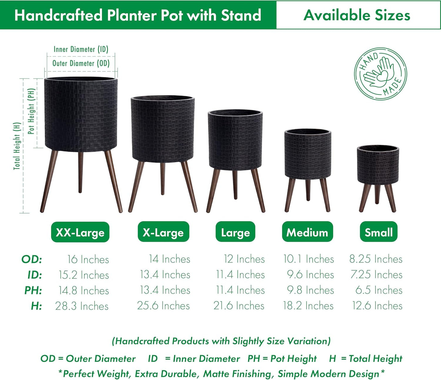 D'vine Dev 12 Inch Modern Geometric Tile Patterned Sleek Planter Pot with Stand, Indoor Outdoor Decorative Plant Holder, Distressed Black, 88-Z-C-5