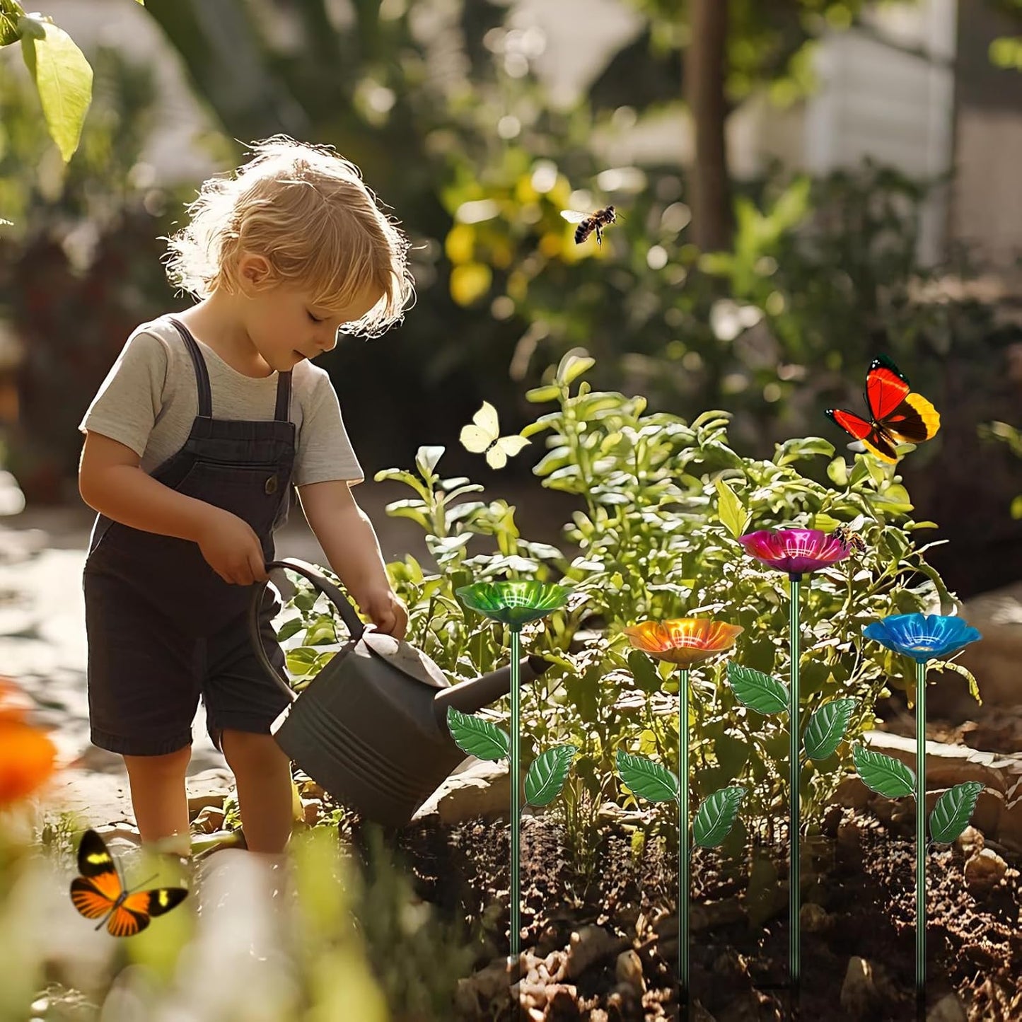4 Pack Bee Watering Station,Colorful Metal Insect Bath Feeder for Garden, Butterfly Feeder and Bird Drinking with Flower Design, Outdoor Yard Decor (Red, Blue,Yellow,Green)