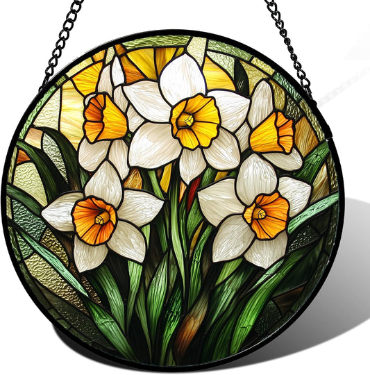 Stained Glass Window Hanging, Yellow and White Daffodils Sun Catcher for Door Home Decor Plants Flowers Suncatcher Christmas Mother's Day Birthday Gifts for Women Men Mom Nana 9.8 in