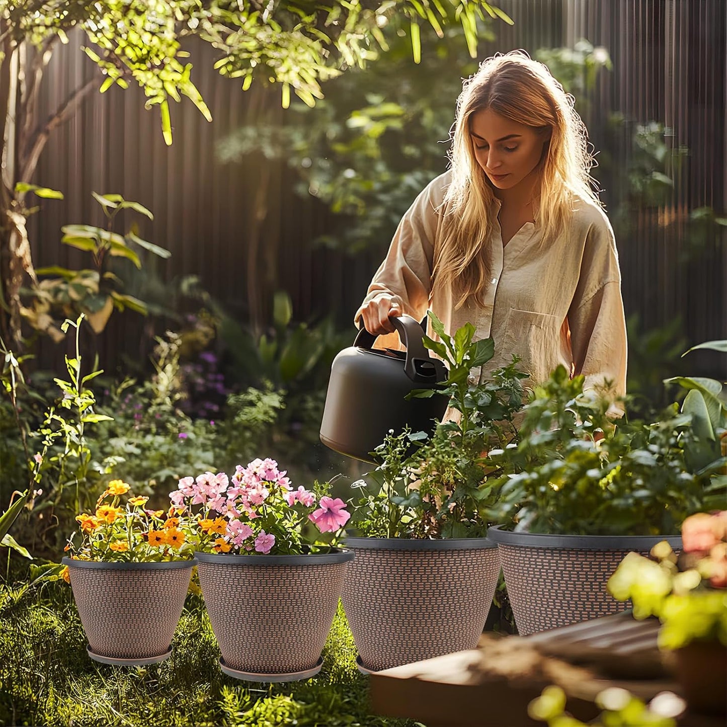 12 inch Pots for Plants, 4 Pack Large Outdoor Planter Pot with Drainage Holes & Saucers, Plastic Flower Pots for Indoor Plants, Decorative Garden Pots for Indoor & Outdoor Plant (Black Copper)