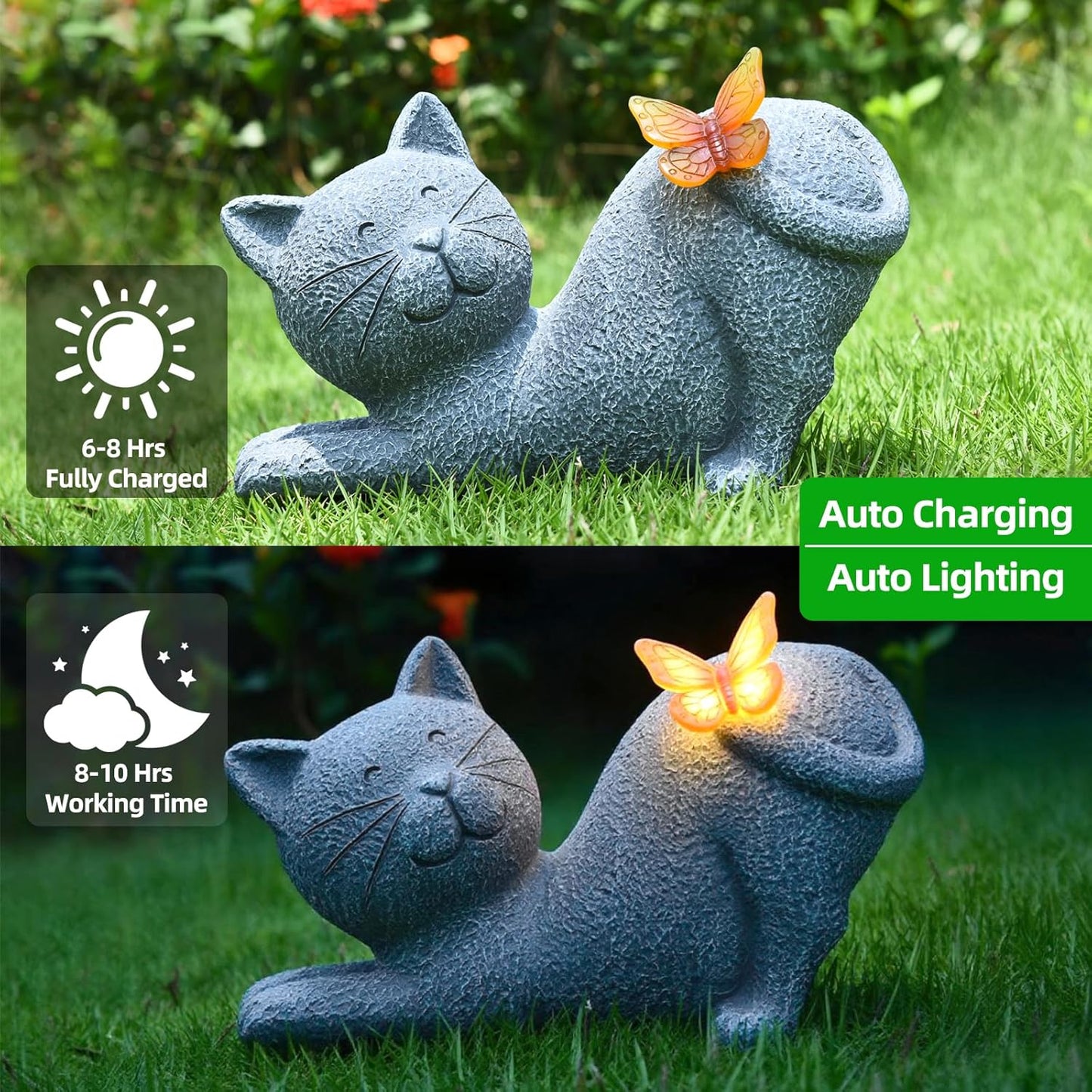 Cute Solar Cat Garden Statue with Lighted Butterfly, Outdoor Waterproof Resin Cat Figurine for Yard Lawn Patio Porch, Solar Powered Garden Decor and Gift for Cats Lovers