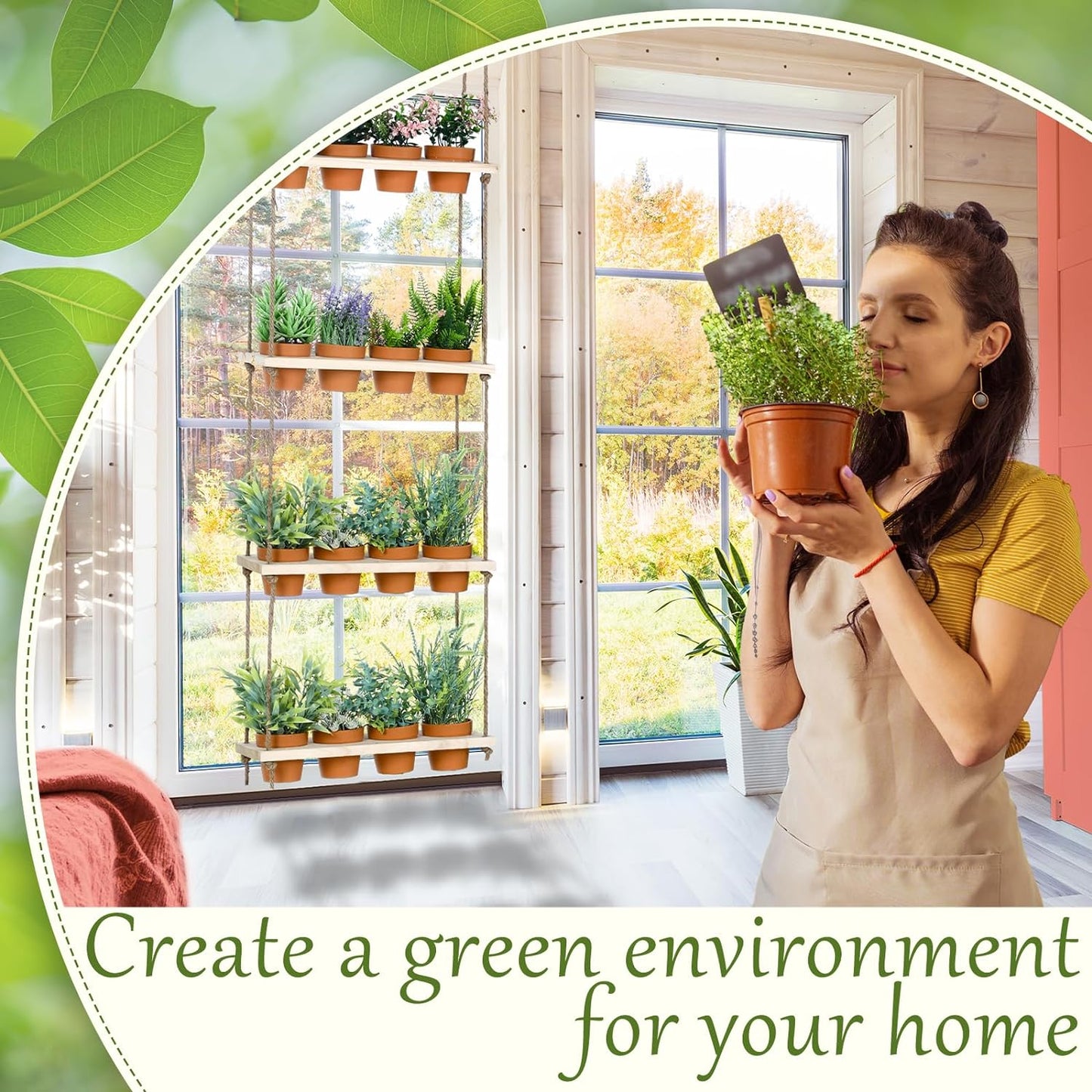 4 Tiered Window Plant Shelves Hanging Herb Planter Indoor Display with 16 Pcs Flower Pots Wood Window Plant Hanger for Grow Herbs Succulents Microgreens Seedling Organization