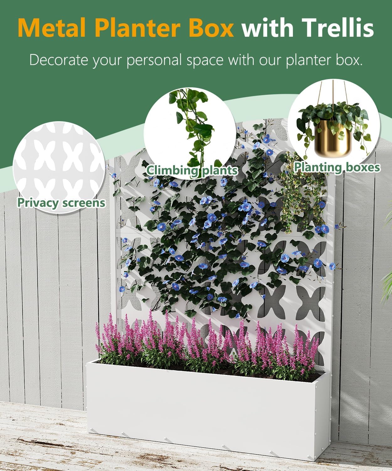 2PCS Metal Planter Box with Trellis,70.9"x47.2"x15.7" Raised Garden Bed with Drainage Holes, Privacy Planters for Outdoor Garden Bed for Climbing Plants,Vegetables,and Vines, White-X