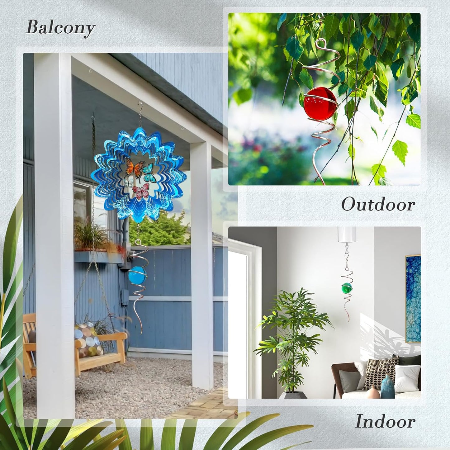 Gazing Ball Spiral Tail with 11inch Tail and 2inch Blue Glass Orb, Wind Spinner Stabilizer with Swivel Hook. Sun Catcher Rainbow Maker Hanging Decor for Garden Home Indoor Outdoor 13" H