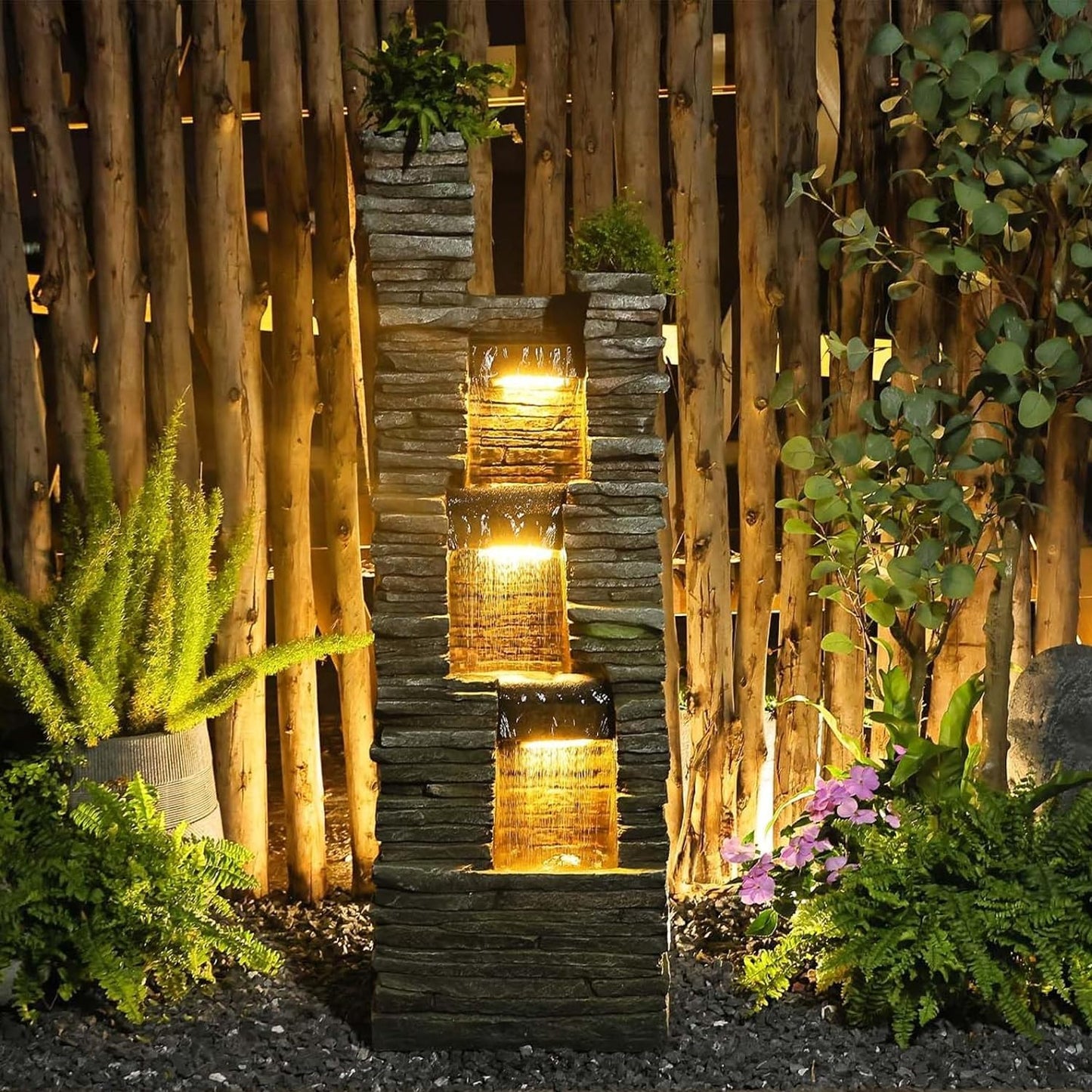 47" H Garden Water Fountain Outdoor with LED Lights & Pump, 3-Tier Cascading Outdoor Fountain for Garden,Patio,Porch,Backyard,Home Art Decor (Gray)