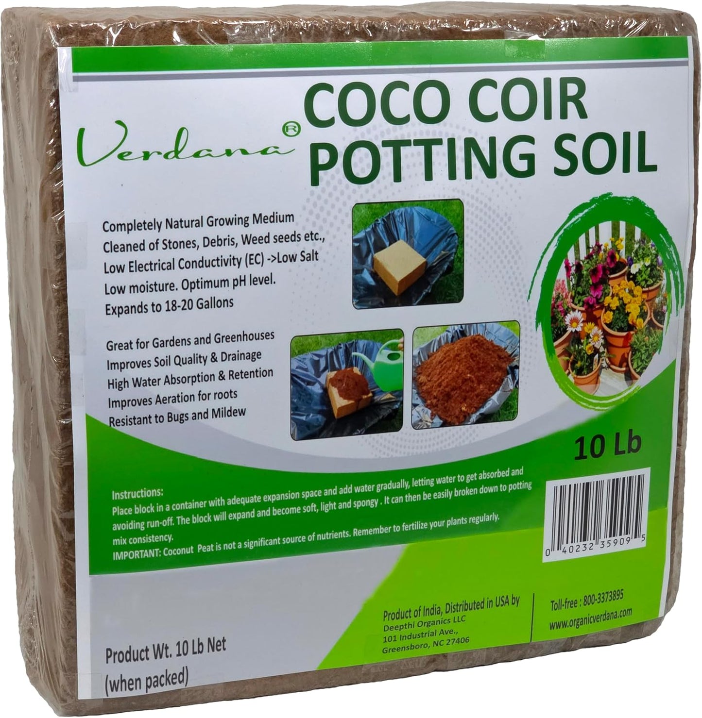 Verdana Coco Coir Potting Soil Brick – 10 Lb - Peat Moss Alternative for Potting Mix, Raised Bed Soil, Organic Gardening & Seed Starting - Compressed Coconut Fiber Block Expands to 18 Gallons